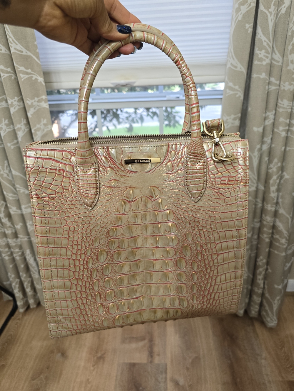 Brahmin Croc-Embossed Cream with Pink Accent Satchel - Picture 11 of 12